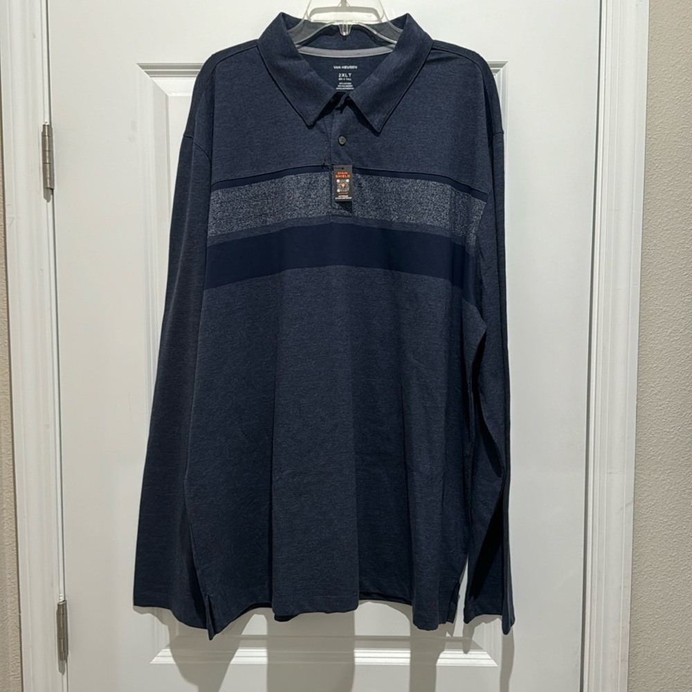 Van Heusen Chest Stripe Stain Shield Long Sleeve‎ Polo - Blue 2XLT Big & Tall